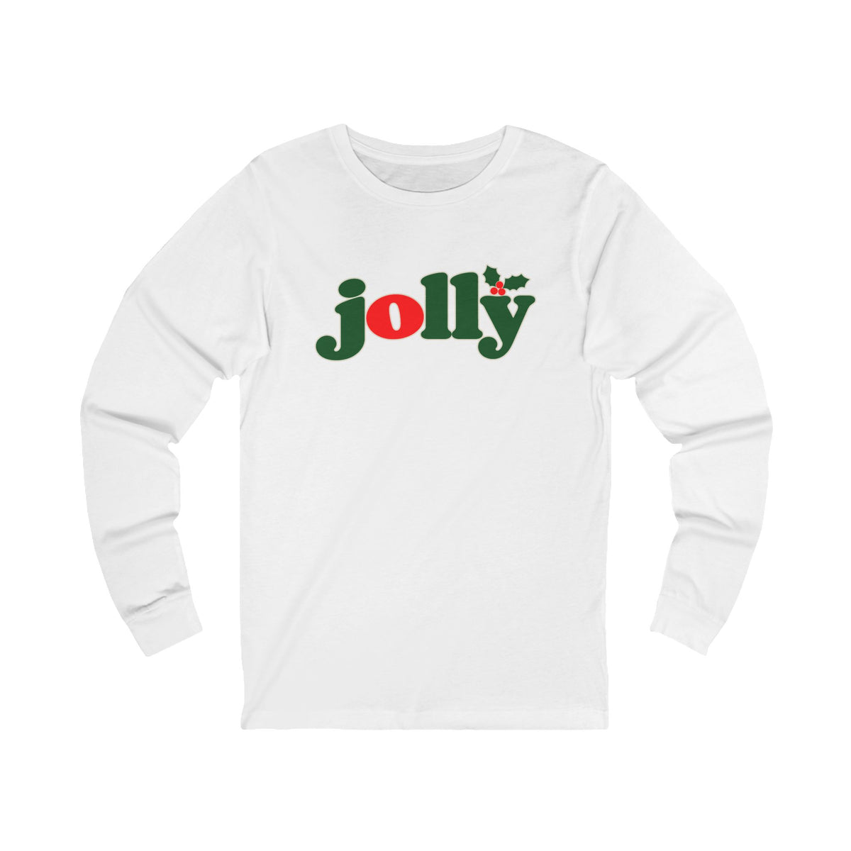 Jolly Christmas Long Sleeve Tee in White with the holly jolly logo
