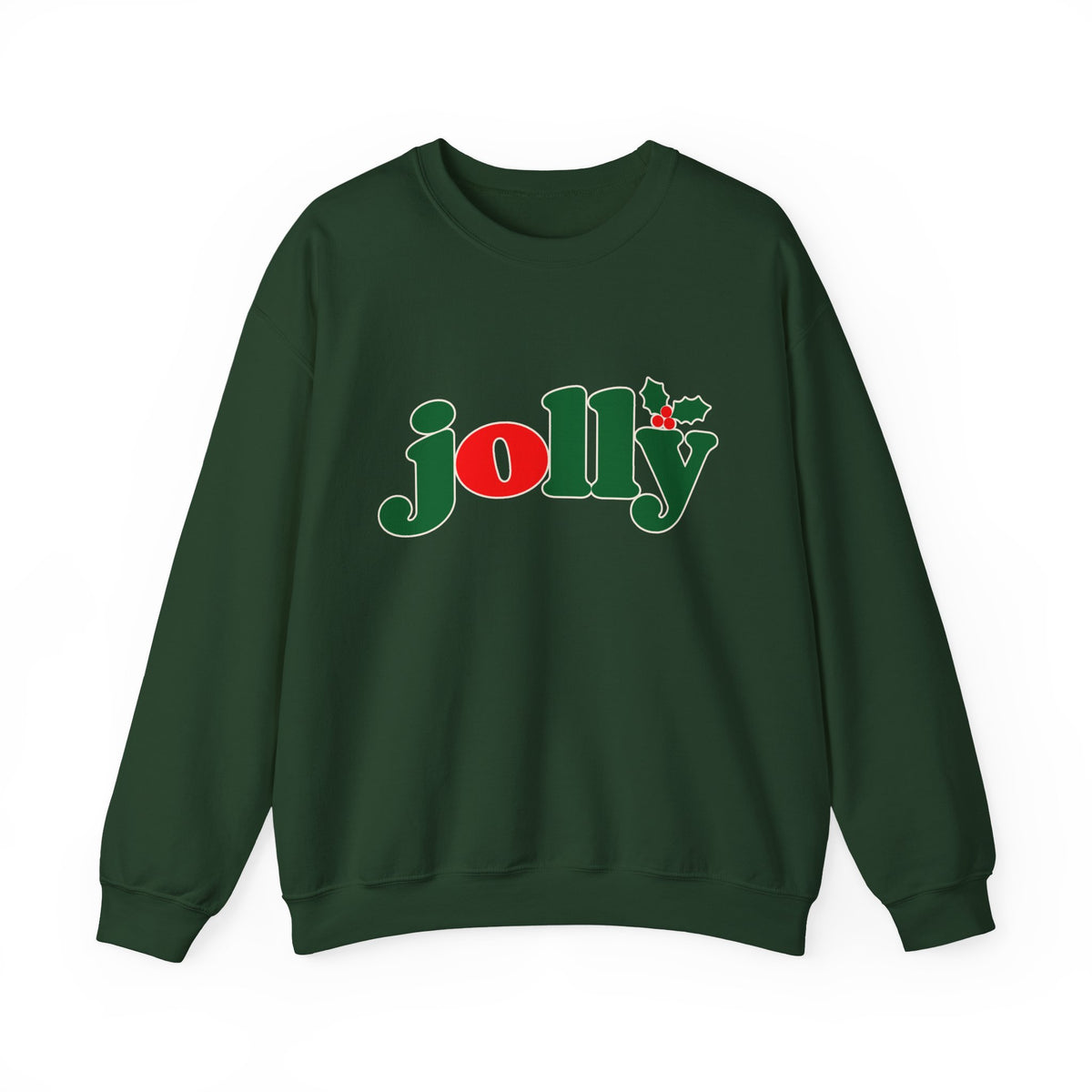 Jolly Christmas Crewneck Sweatshirt in Forest Green with the holly jolly logo