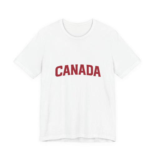 Canada varsity wordmark t-shirt in white with maroon collegiate lettering - front view