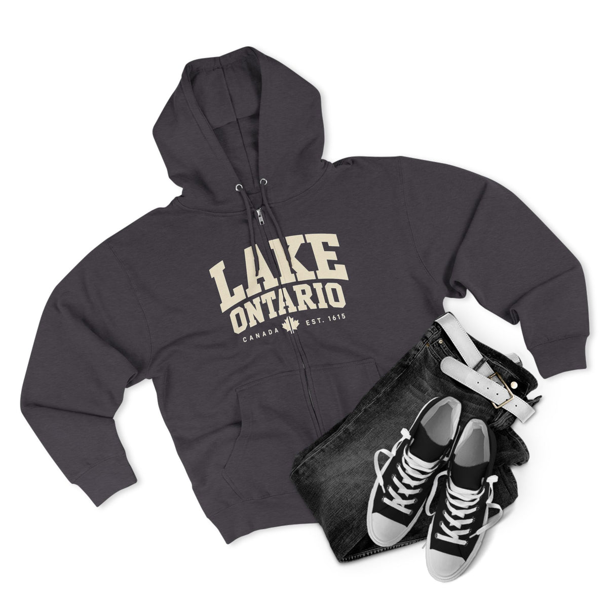 Lake Ontario zip hoodie, model side view