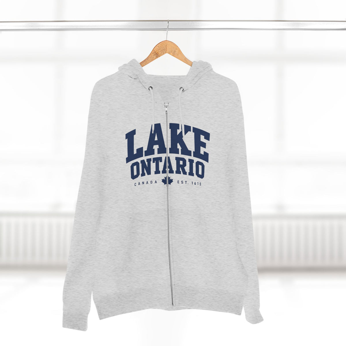 Lake Ontario zip hoodie worn outdoors