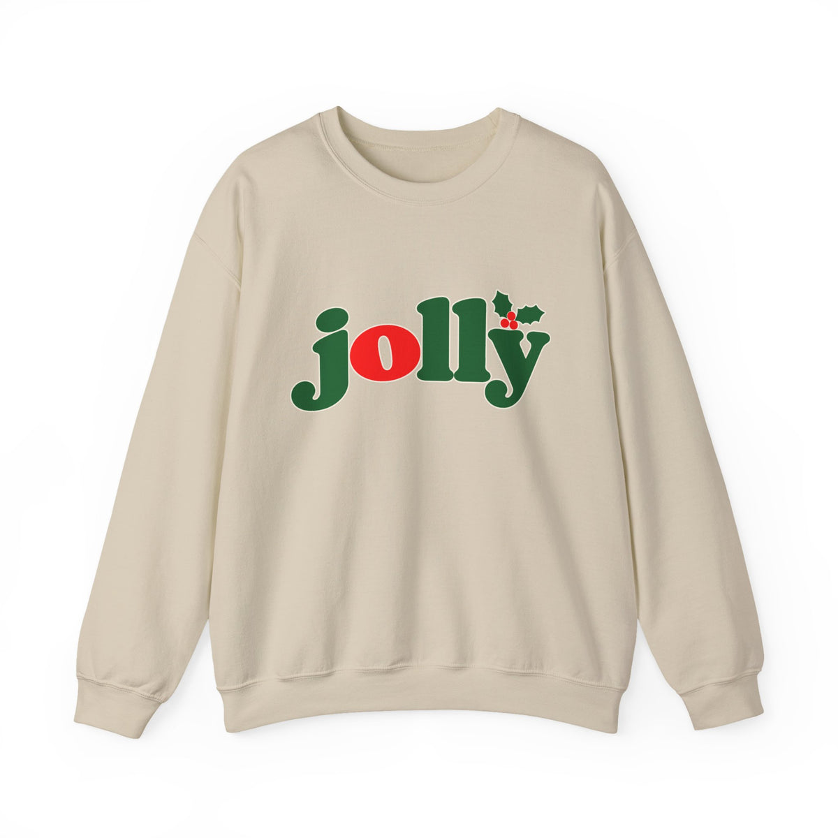 Jolly Christmas Crewneck Sweatshirt in Sand with the holly jolly logo