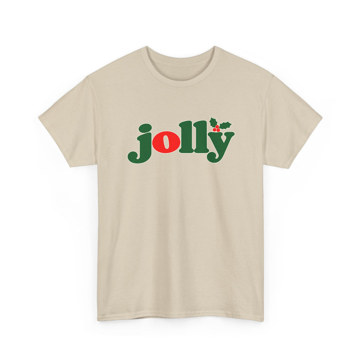 Jolly Christmas T-Shirt in Sand with the green and red holly jolly logo