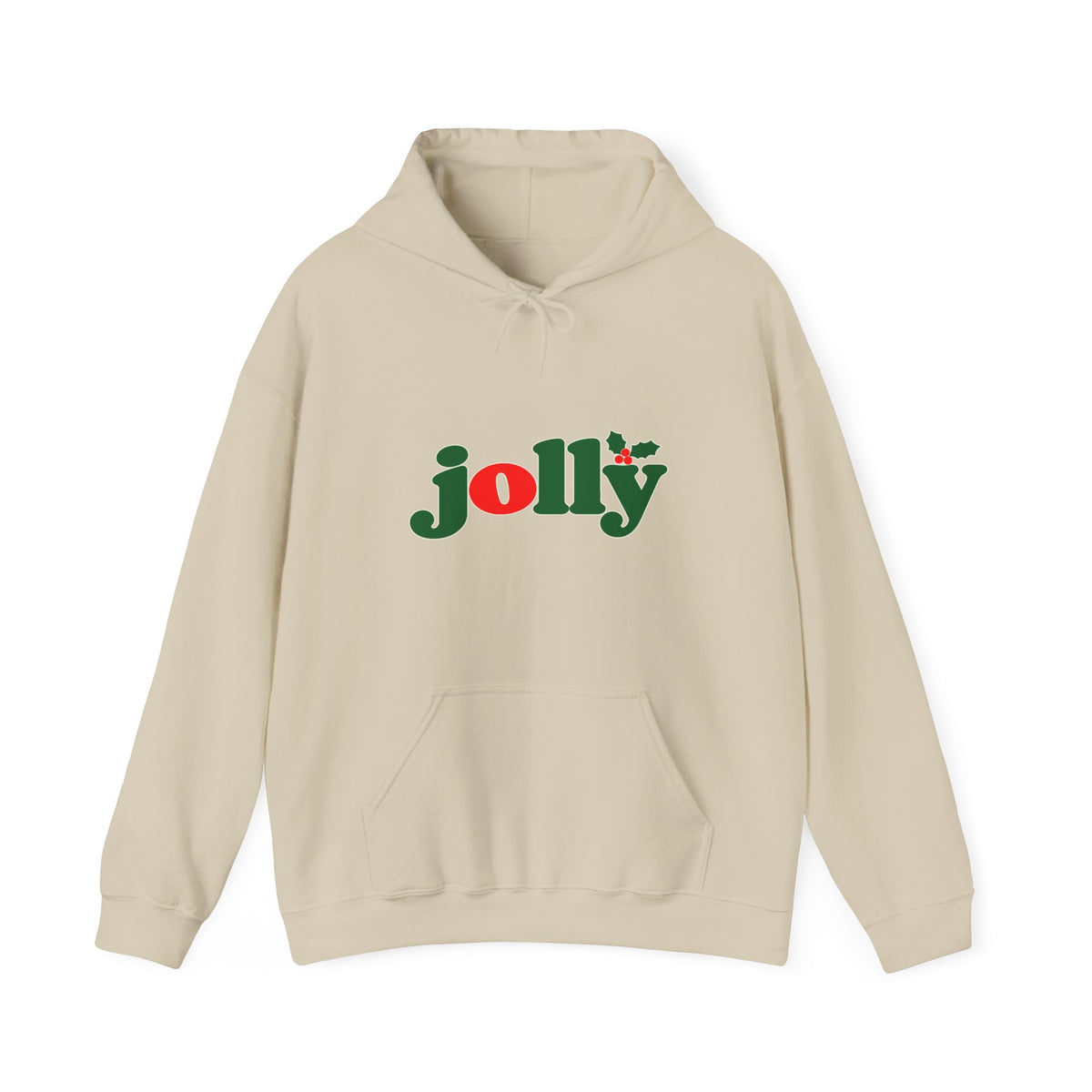 Jolly Christmas Hoodie in Sand with the holly jolly logo