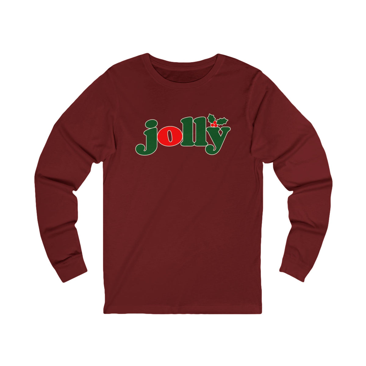 Jolly Christmas Long Sleeve Tee in Cardinal red with the holly jolly logo
